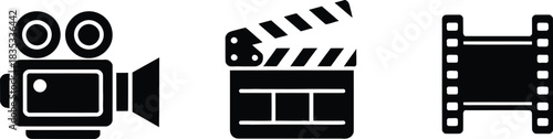 Cinema elements including camera clapperboard and film strip for video production