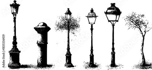 Collection of vintage street lamps and bollard in black and white