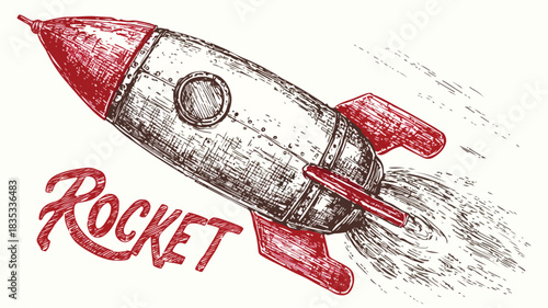 Rocket Illustration with Bold 'Rocket' Word on Vector Background