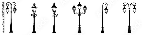 Collection of ornate vintage street lamp silhouettes isolated on white