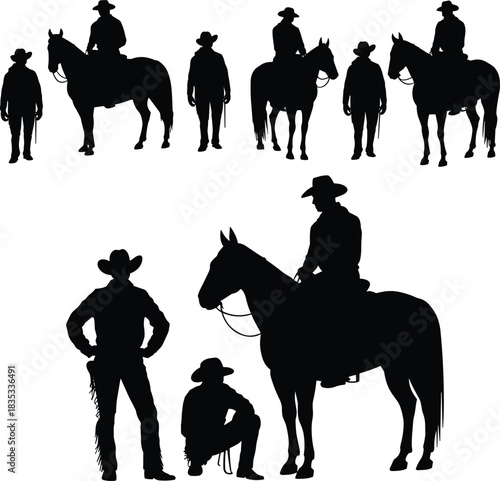 Cowboy and Horse Silhouette Vector Icon Set, Western Rider, Ranch Hand, and Rodeo Man Graphics Collection, Black and White Traditional American Wild West Symbol