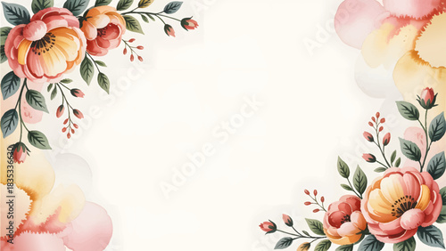 Watercolor floral frame background for wedding invitations, Elegant pink and coral watercolor flower border design, Handpainted botanical corner decoration for greeting cards