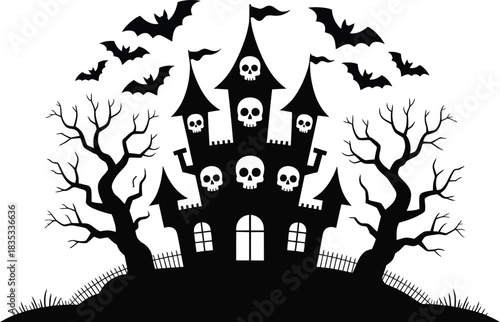 Spooky Halloween haunted house with skulls and bats silhouette illustration