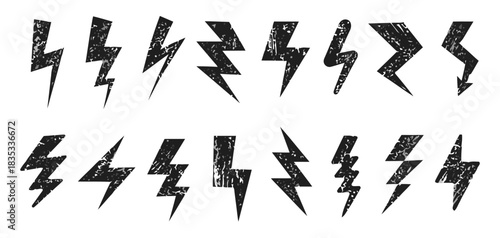 Grunge lightning bolt collection hand drawn thunderstorm icon set with texture