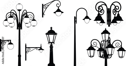 Set of vintage street lamp silhouettes on a white background