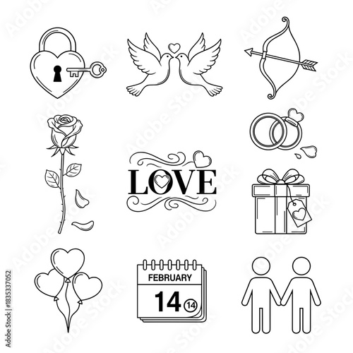 Collection of love-themed icons for Valentine's Day celebration  