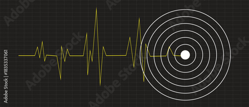 Earthquake Seismic Wave Illustration with Epicenter Circles and Pulse Signal Line — Seismograph Vibration, Disaster Alert, Earth Tremor Monitoring and Geology Concept