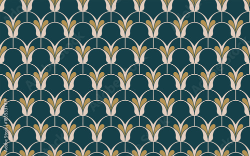 Art deco elegant scalloped pattern with gold and cream colors.