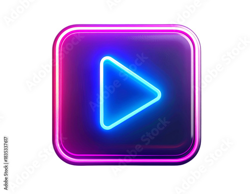  Neon-lit play icon with bright edge illumination dynamic angled perspective transparent background PNG
