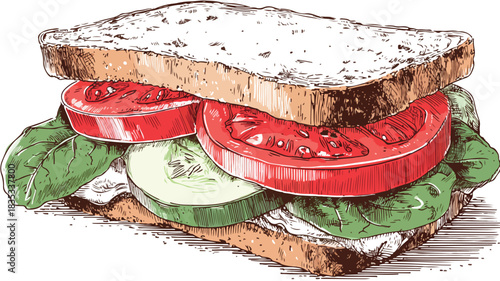 Fresh Sandwich with Tomatoes and Cucumber Ingredients for Healthy Lunch