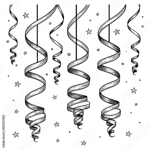 Illustration of hanging party streamers with stars scattered around a white background design element