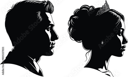 Elegant Royal Couple Silhouette Prince and Princess Side Profile Portraits in Black and White Vector Art for Wedding, Romance, and Fairy Tale Design