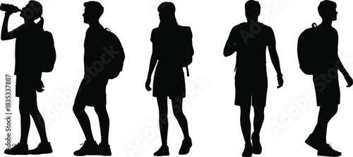 Group of black vector silhouettes of young students and travelers with backpacks walking and drinking water isolated on white background