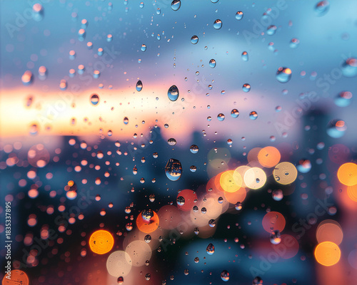 Raindrops on Glass at Dusk with Blurred City Lights and Pink Sky