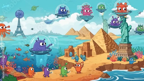 Cute Cartoon Aliens Visiting Famous Earth Landmarks Animation.