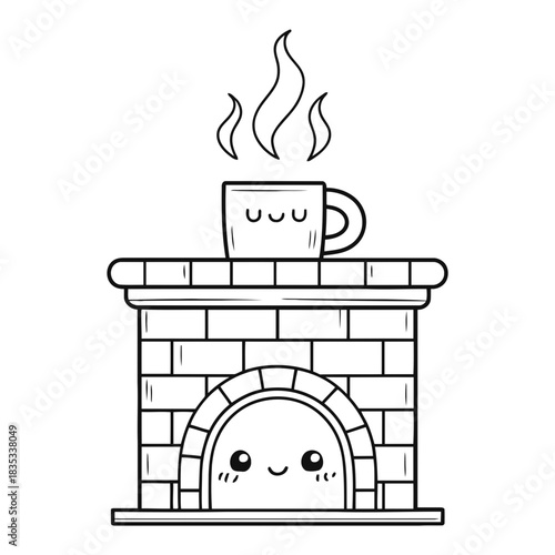 Cute cartoon fireplace with smiling face and mug with steam on top line art drawing style