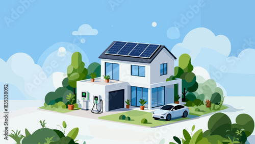 Modern home with solar panels and electric car charging offers a clean energy lifestyle for eco conscious families