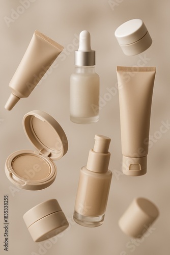 Various cosmetic skincare products including bottles, serum, and tubes, floating mid-air against a neutral beige background