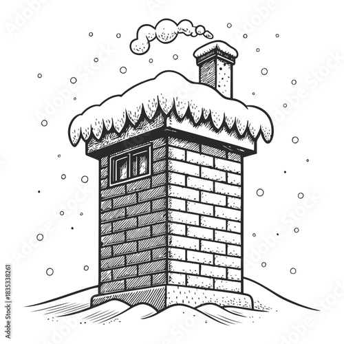 Illustration of a brick structure with a chimney covered in snow on a snowy landscape scene view