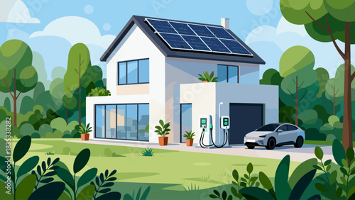 Modern home with solar panels and electric car charging, sustainable living in a green environment with trees and plants