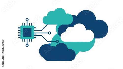 Vector illustration of a processor chip connecting to the cloud. Data storage and cloud computing concept. Modern flat design technology graphic