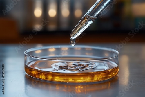 Dropping a clear liquid into a petri dish creates circular ripples in a macro shot taken in a lab setting