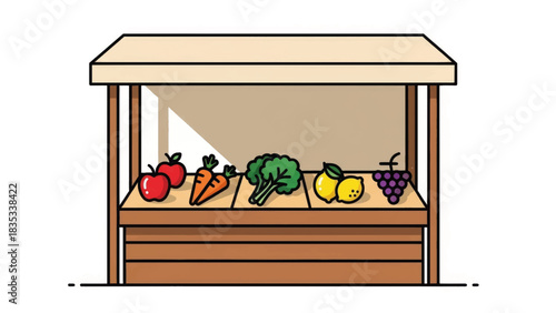 Farmer's market stall with fresh fruit and vegetables. Minimalist cartoon vector illustration of a local food stand