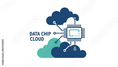 Data chip and cloud computing concept icon. Flat design vector illustration of a microprocessor connected to a network. Technology and information storage symbol isolated on a white background