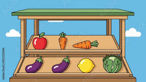 Cartoon illustration of a farmer's market stall with fresh produce. Wooden stand displaying fruit and vegetables. Flat design vector graphic for healthy eating