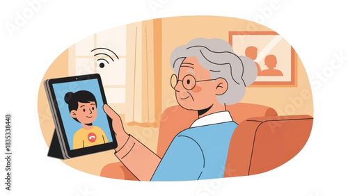 Grandmother having a video call with family on a tablet. Senior woman using technology to stay connected. Cartoon vector illustration