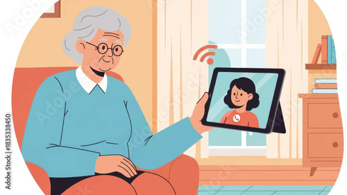 Grandmother having a video call with her granddaughter on a tablet. Senior woman using technology to connect with family. Flat vector illustration