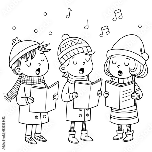 Three children singing carols in winter attire under falling snow with musical notes above them all together