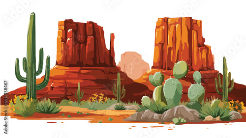 Vibrant Desert Landscape with Cacti and Red Rock Formations Vector Illustration