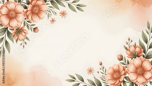 Watercolor orange and peach floral frame background template, Elegant handpainted terracotta flower border design, Soft pastel watercolor texture with orange floral arrangement