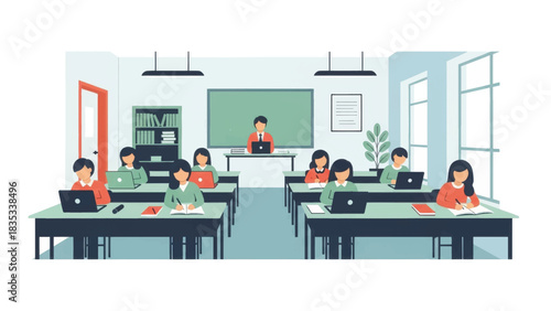 A modern classroom with students and a teacher using laptops. Flat vector illustration of a university lecture. E-learning and hybrid education concept