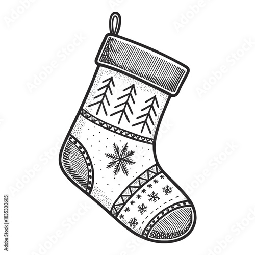 Illustration of a christmas stocking with tree and snowflake patterns in a sketch style design image
