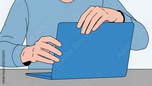 Illustration of a person's hands closing a laptop computer. Simple flat design vector graphic of finishing work or logging off