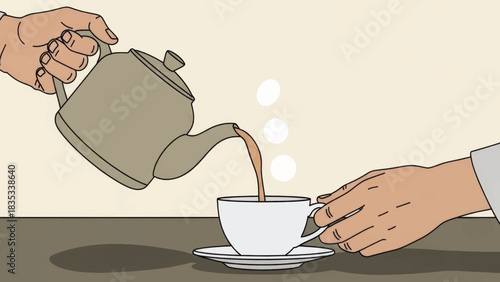 Pouring tea ritual vector illustration. Hands holding a teacup and a teapot. Simple flat design graphic for hospitality and cafes