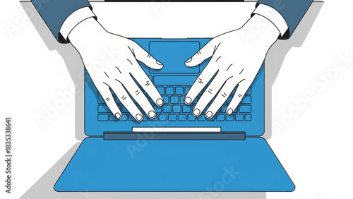 Top view of hands typing on a laptop keyboard. Business and technology concept illustration. Minimalist flat design vector graphic