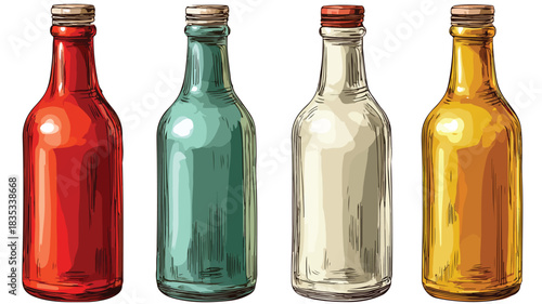 Vibrant Four Bottles of Various Colors Including Red Tone - Stock Photo