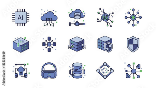 Modern technology icon set. Vector graphics representing AI, cloud computing, data, and cybersecurity concepts. Flat design illustration for web and apps