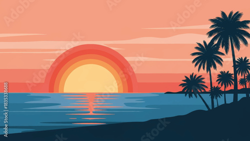 Retro beach sunset vector illustration. Tropical landscape with palm tree silhouettes. Flat design summer vacation background