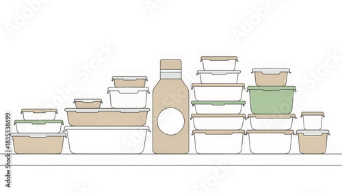 Reusable food containers and bottle for meal prep. Kitchen storage and organization concept. Minimalist flat line art vector illustration