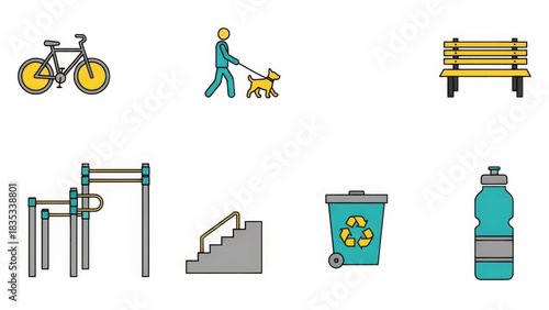 Urban park and outdoor activity icon set. Flat design vector graphics for health and fitness. Collection of symbols for city life and recreation