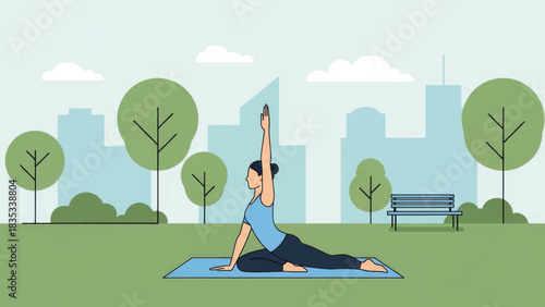 Woman practicing yoga in a city park. Flat design vector illustration of outdoor exercise and wellness. Healthy lifestyle and mindfulness concept