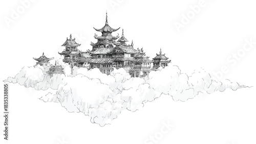 Heavenly Pagoda in Floating Cloud City - Vector with Outline Design