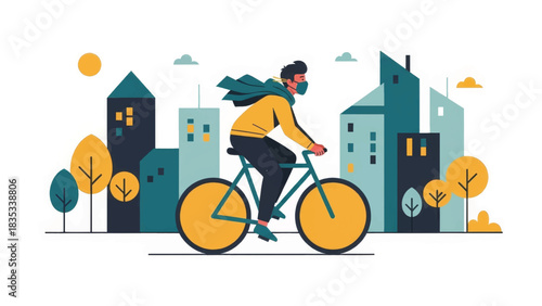 Urban cyclist with a face mask riding a bicycle in the city. Sustainable transport and healthy lifestyle concept. Modern flat design vector illustration