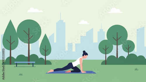 Woman practicing yoga in a city park. Flat design vector illustration of a healthy lifestyle and outdoor exercise