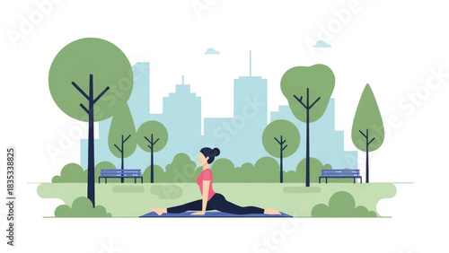 Woman doing a yoga split pose in a city park. Flat design vector illustration of an outdoor fitness and wellness lifestyle