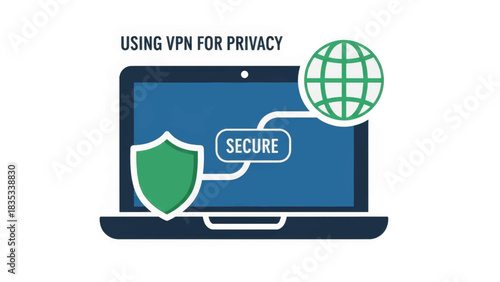 Using VPN for privacy concept. Flat vector illustration of online security and data protection. Laptop with shield and globe icons representing a secure internet connection